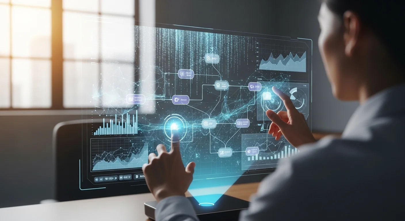 AIエージェントが連携する複雑なワークフローを示すホログラフィックインターフェースの画像