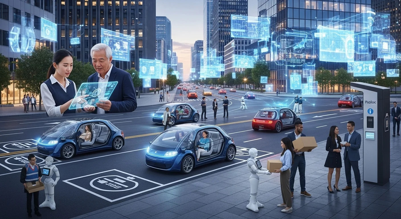 人間とAIの協調を表すスマートシティの未来的な風景の画像