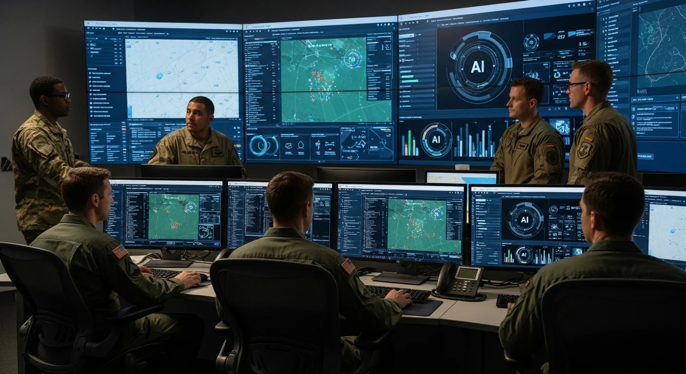 軍事司令室でAIインターフェースを操作する多様なチームの様子
