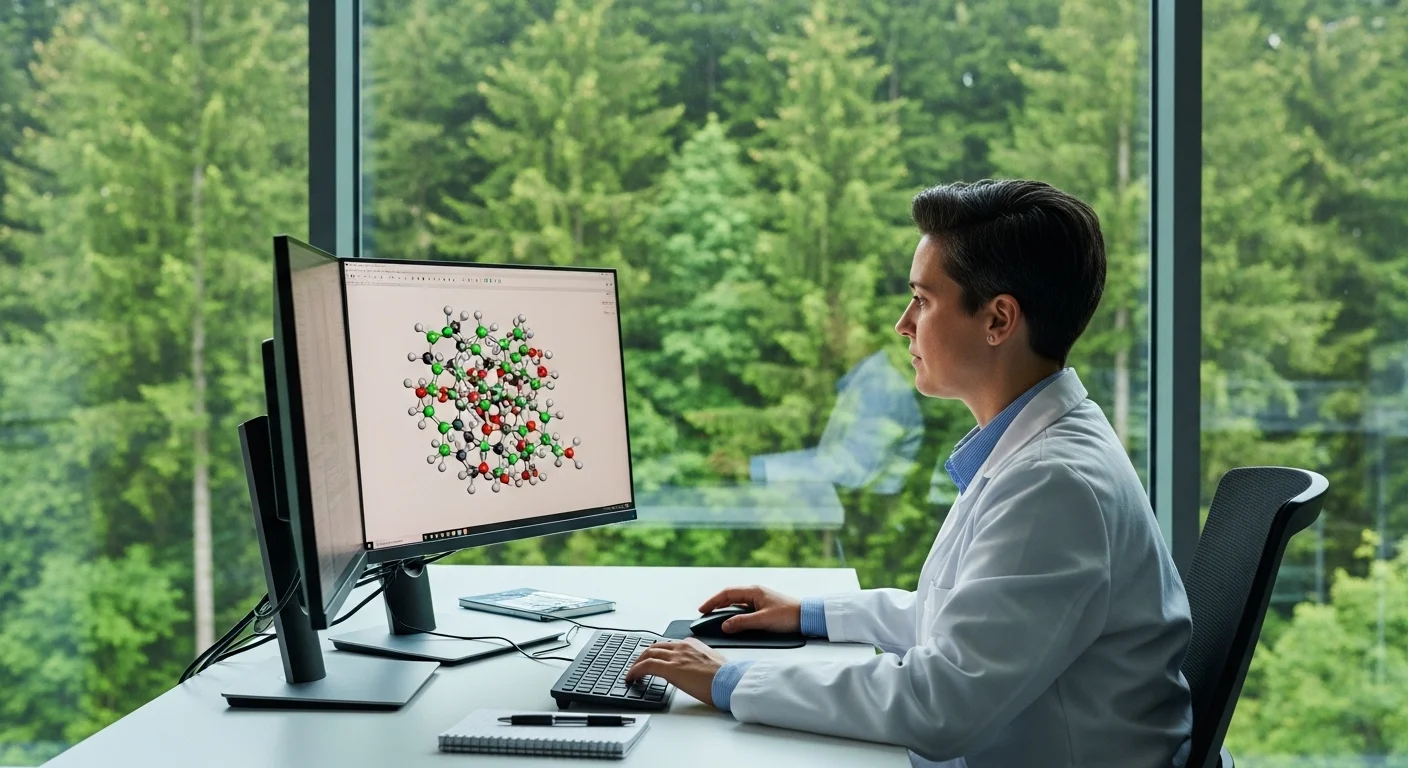 AIが分子モデル分析を支援し、背景に森林が広がる研究室の様子