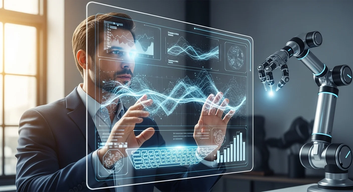 AIインターフェースと協働するプロフェッショナル、背景にロボットアーム