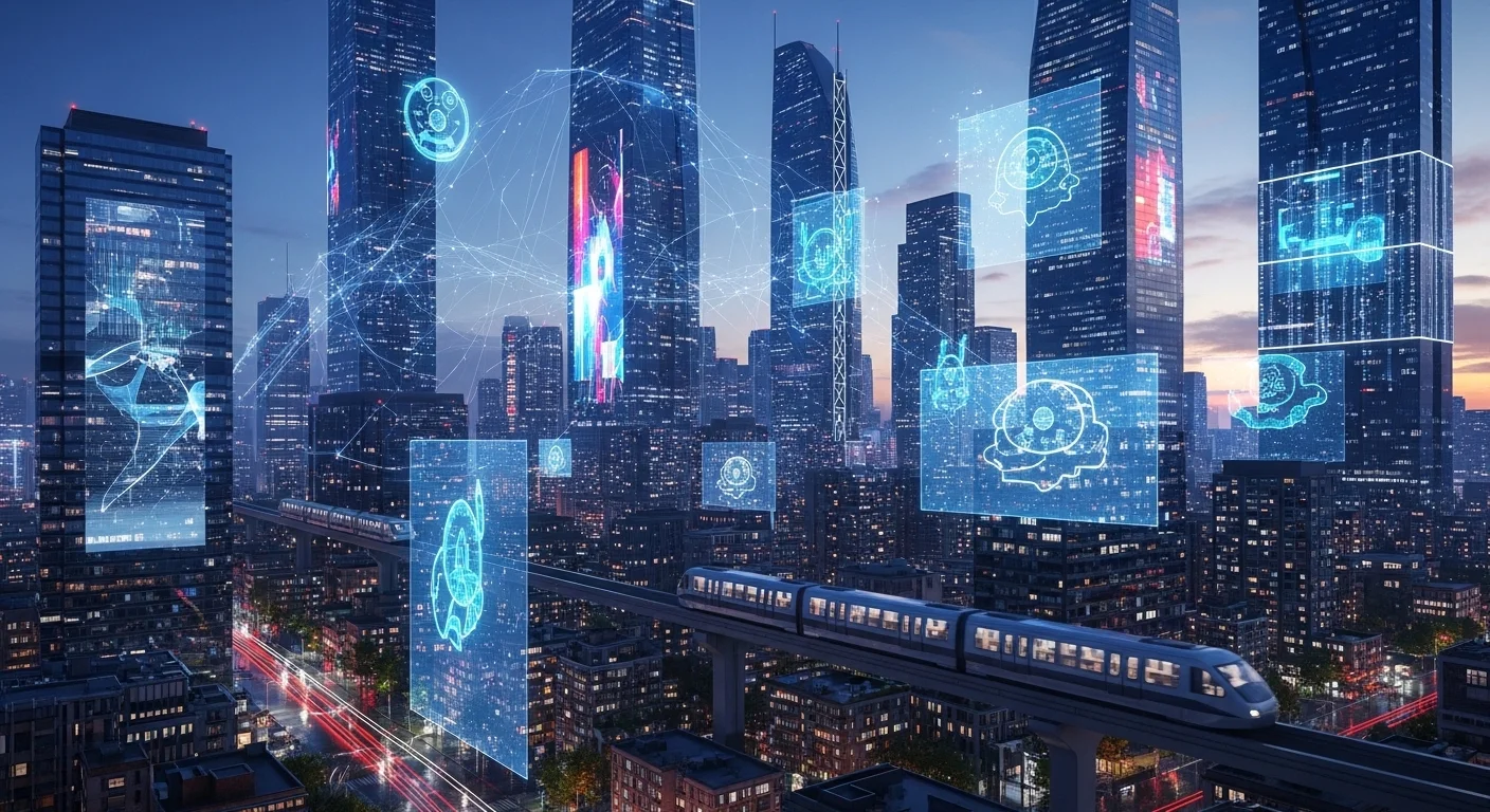 データフローとAIプロセスを示すデジタルオーバーレイが重なる未来の都市景観