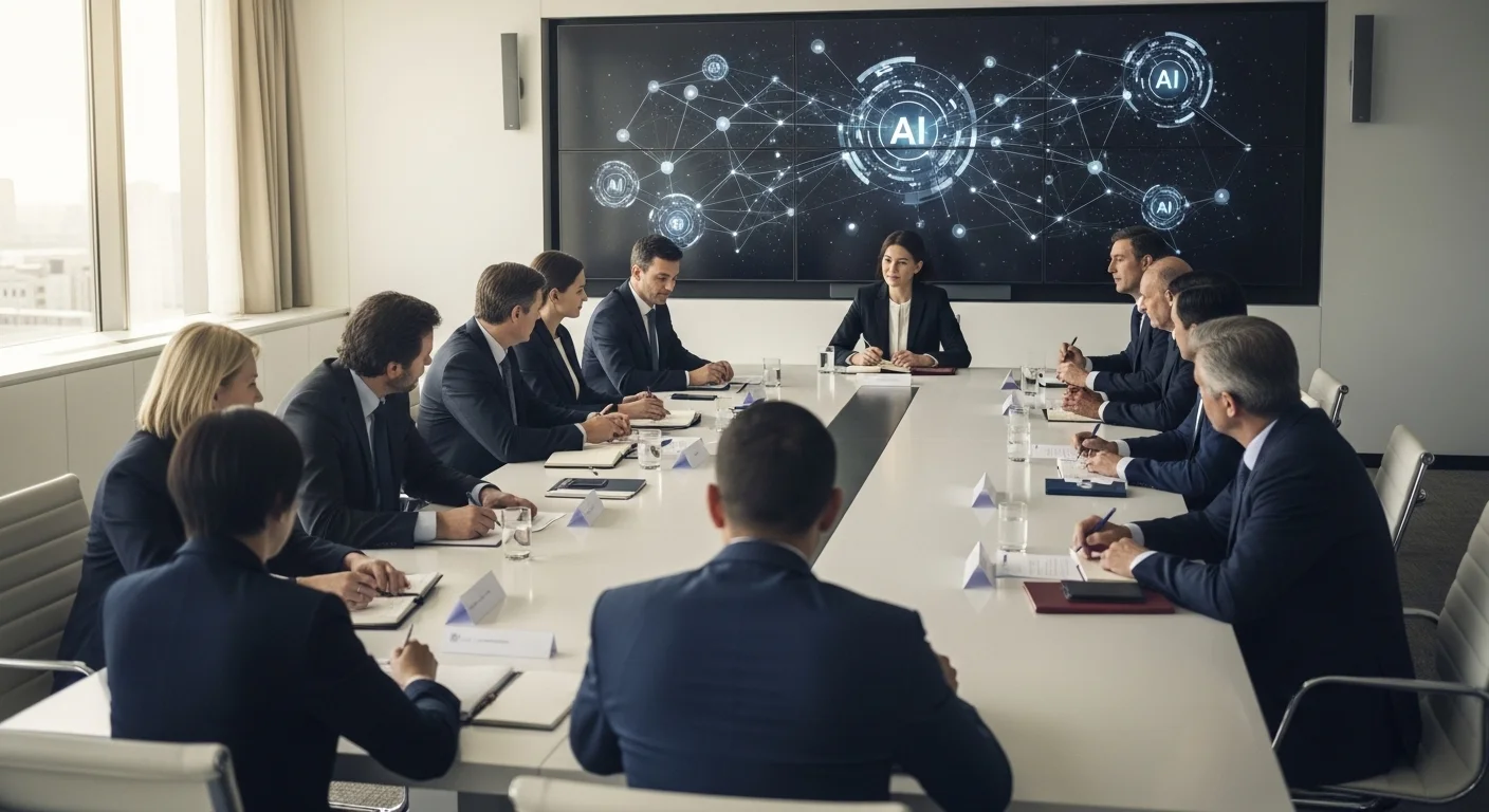 国際会議室でAI政策について議論する複数の関係者