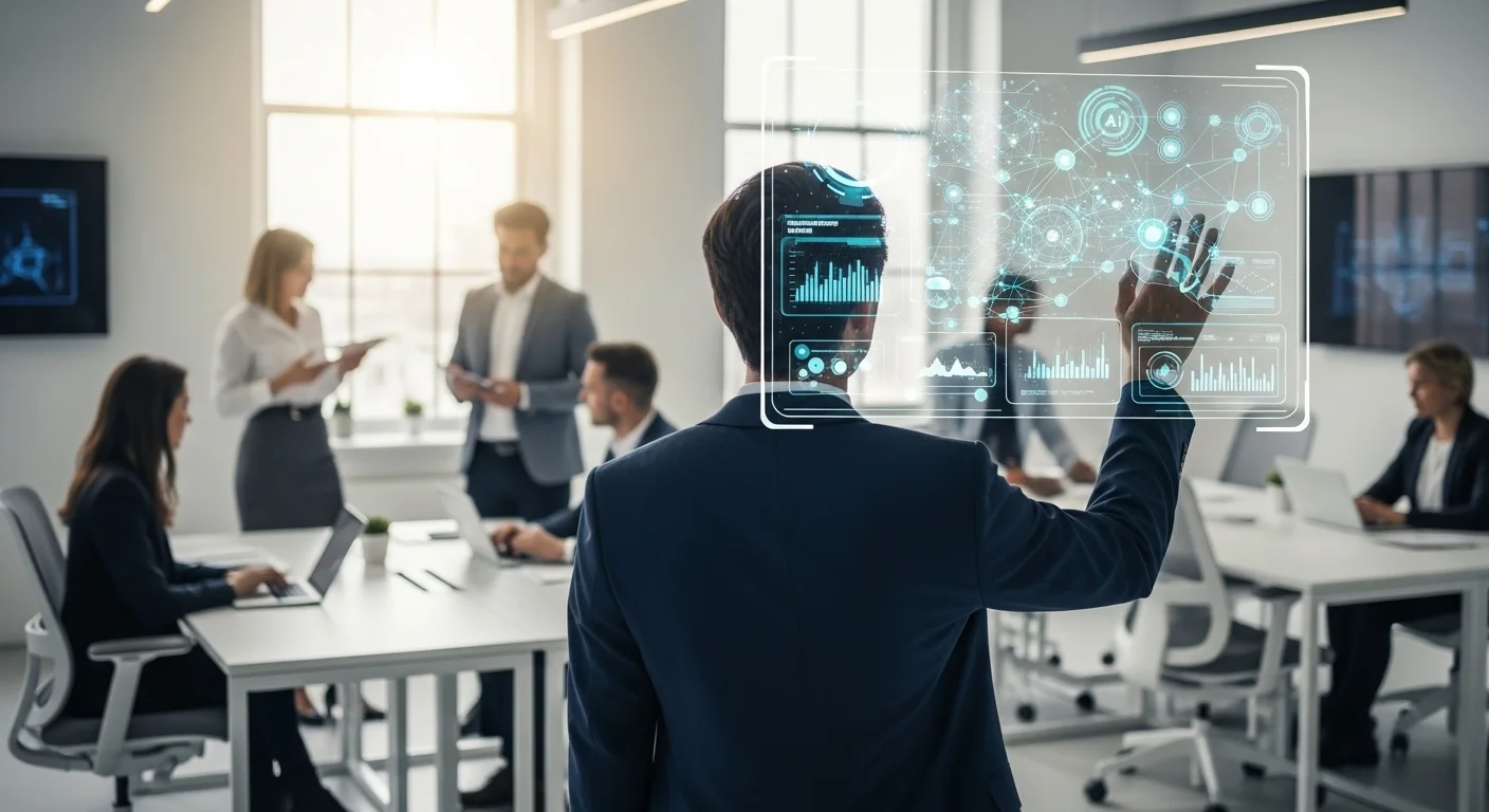 現代のオフィスでAIモデルとデータを表示するホログラフィックインターフェースを操作する専門家のチーム